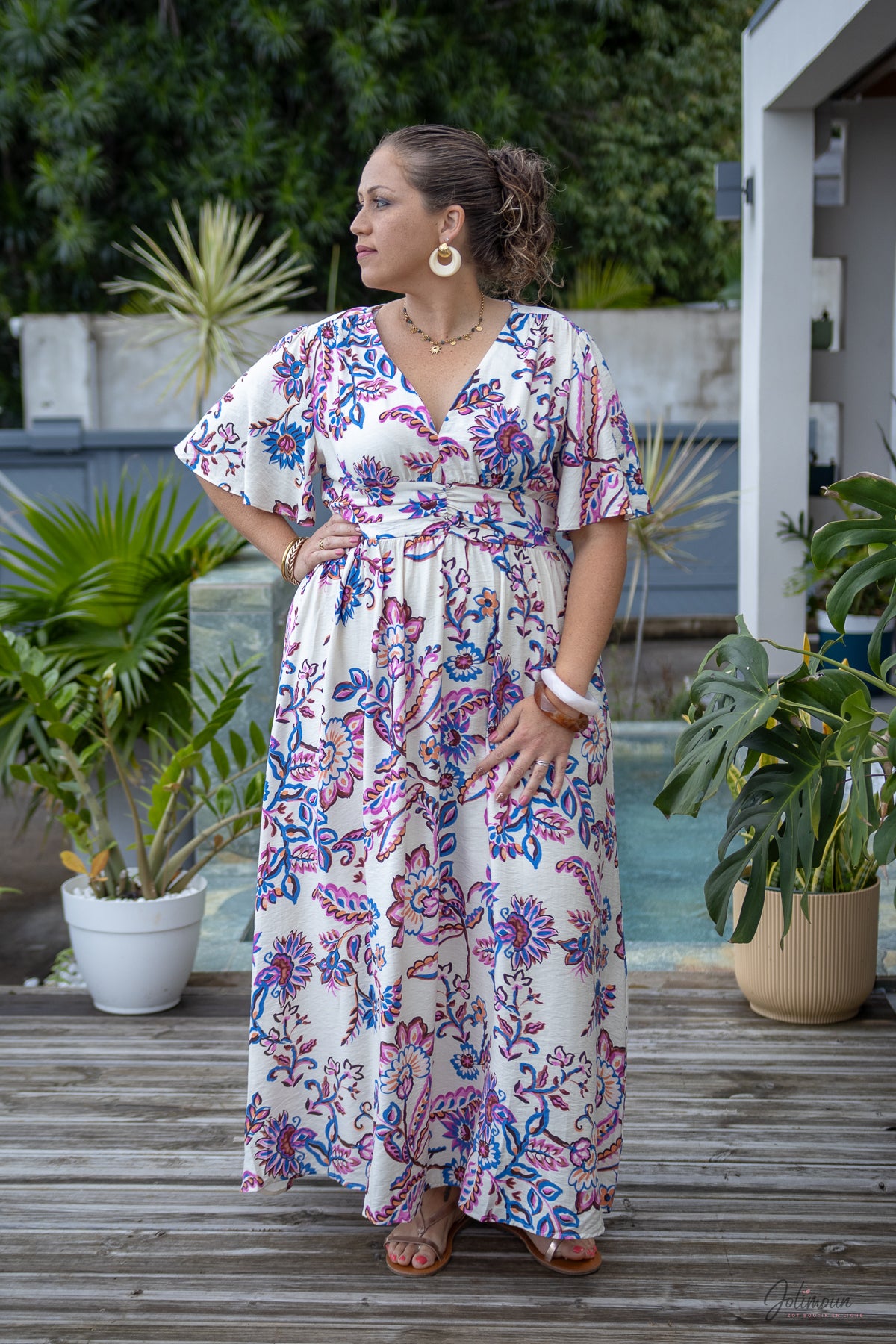 Tina – Robe longue imprimée froncée à la taille et élastique au dos