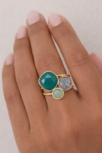 Bague Trio Émeraude – Bague ajustable dorée 3 pierres vertes