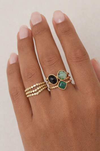 Bague Trio Nocturne – Bague ajustable dorée 3 pierres noir vert d’eau vert marbré