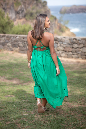 Adèle - Robe longue verte broderies florales poitrine