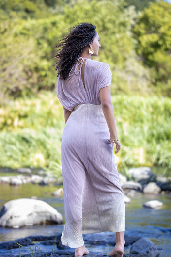 Athéna - Robe de cocktail dégradée doré rose à manches drapées