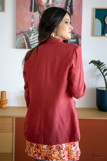 Amandine – Blazer rouge brique coton lin coupe droite