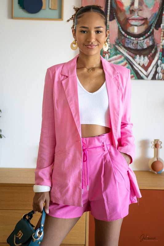 Amandine – Blazer rose vif coton lin coupe droite