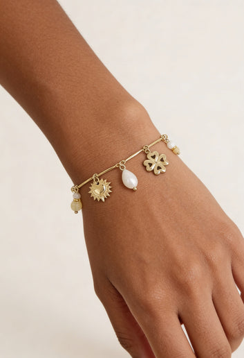 Anélia - Bracelet fin doré multi breloques trèfle soleil cœur nacré en acier inoxydable