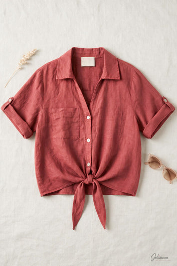Deïna - Chemise terracotta rosé à nouer en lin