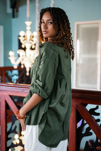 Ayona – Chemise oversize kaki à broches fleurs dorées 100% coton