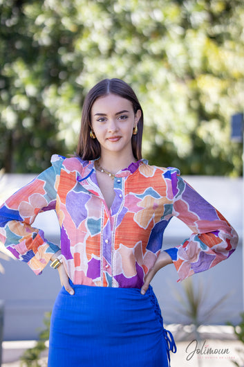 Lisa -Blouse imprimé multicolore avec empiècement dentelle