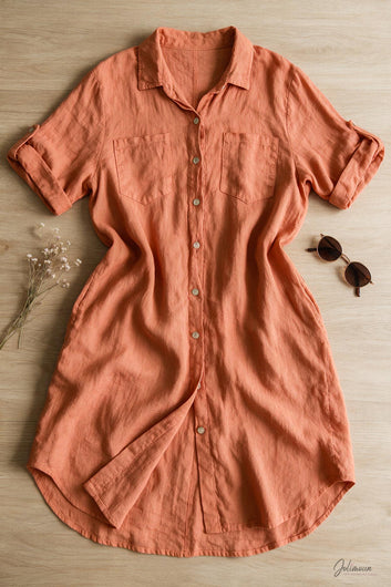 Linéa - Robe chemise longue terracotta évasée 100% lin