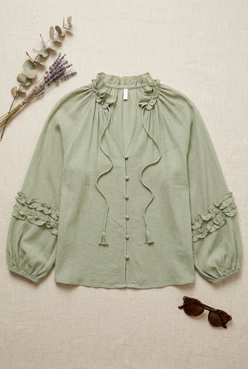 Luméa - Chemise fluide manche longue vert menthe détails volants