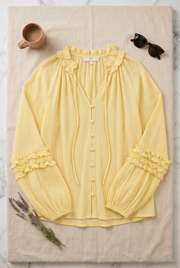 Luméa - Chemise fluide jaune manche longue détails volants