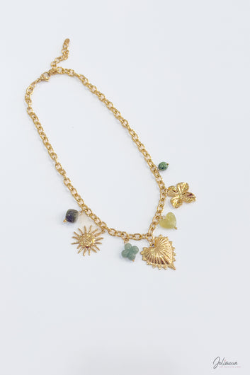 Marea - Collier doré breloques soleil coeur résine pierres naturelles