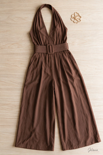 Eloria - Combinaison pantalon dos nu fluide marron avec ceinture