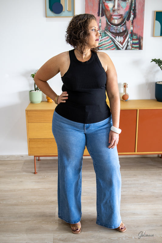Top Noémie – Débardeur noir coton côtelé stretch grandes tailles