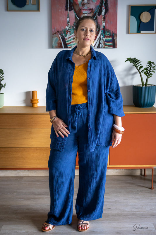 Marine - Ensemble pantalon gaze de coton bleu marine taille unique