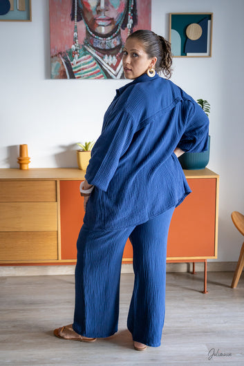 Marine - Ensemble pantalon gaze de coton bleu marine taille unique