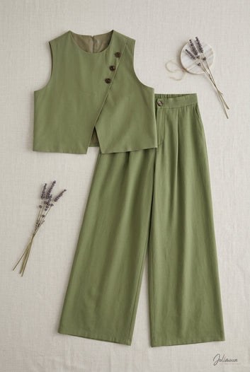 Aude - Ensemble structuré et pantalon large vert sauge