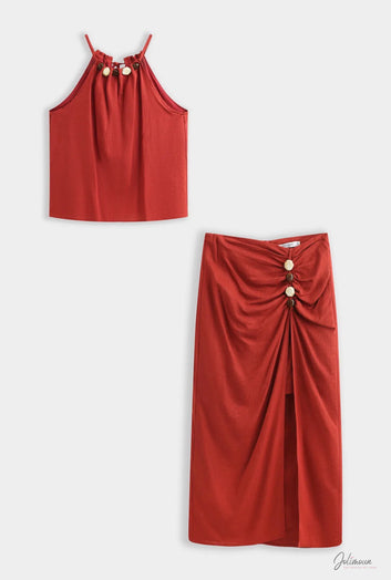 Aya - Ensemble top et jupe midi perles viscose lin bordeaux