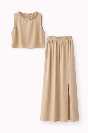 Charlina - Ensemble beige top et jupe longue viscose détails tressés