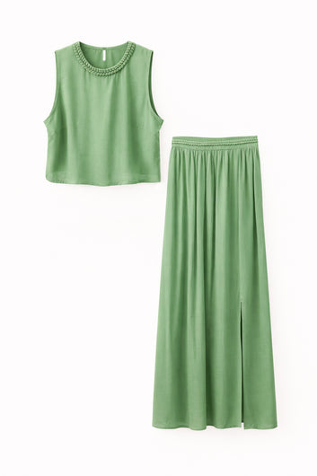 Charlina - Ensemble vert top et jupe longue viscose détails tressés