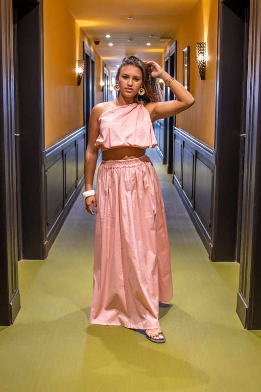Iséa- Ensemble rose jupe longue avec crop top asymétrique