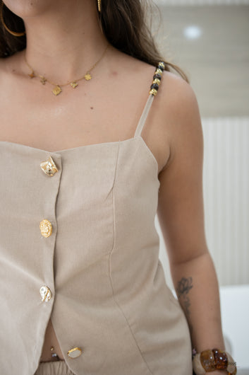 Lina - Ensemble camel en lin mélangé top boutonné et pantalon large