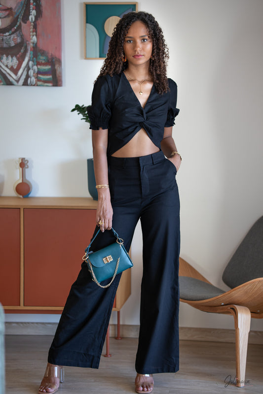 Soline - Ensemble pantalon large noir top noué manches courtes