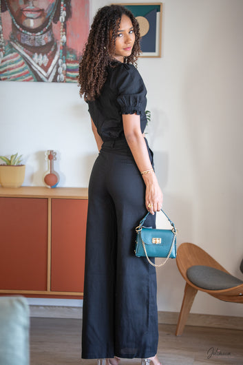 Soline - Ensemble pantalon large noir top noué manches courtes
