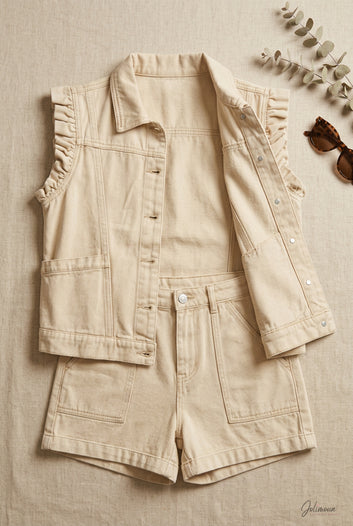 Amy - Ensemble demin veste et short beige