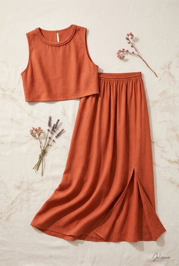 Charlina - Ensemble terracotta  top et jupe longue viscose détails tressés