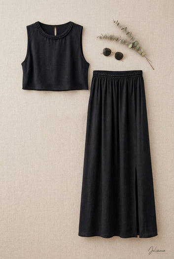 Charlina - Ensemble noir top et jupe longue viscose détails tressés