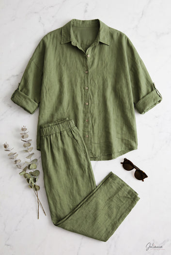 Evana - Ensemble pantalon kaki en lin