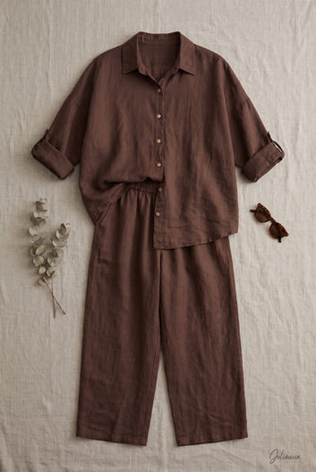 Evana - Ensemble pantalon marron en lin