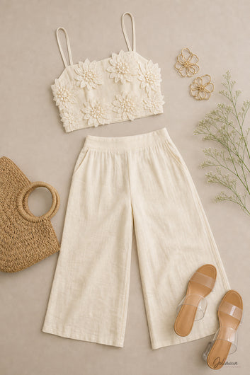 Flora – Ensemble pantalon & crop top fleuri écru