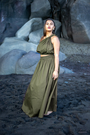 Iséa- Ensemble Kaki jupe longue avec crop top asymétrique