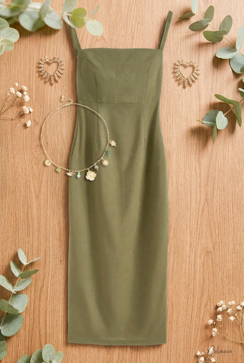 Alison - Robe longue Kaki dos nu bretelles smockées