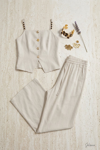 Lina - Ensemble beige en lin mélangé top boutonné et pantalon large