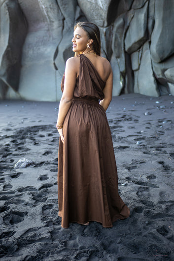 Iséa- Ensemble chocolat jupe longue avec crop top asymétrique