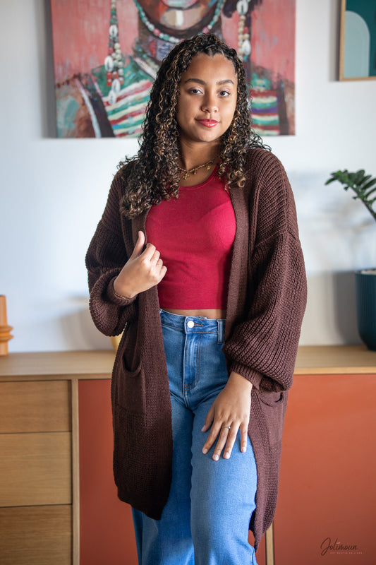 Célesta - Gilet maille épaisse chocolat coupe oversize