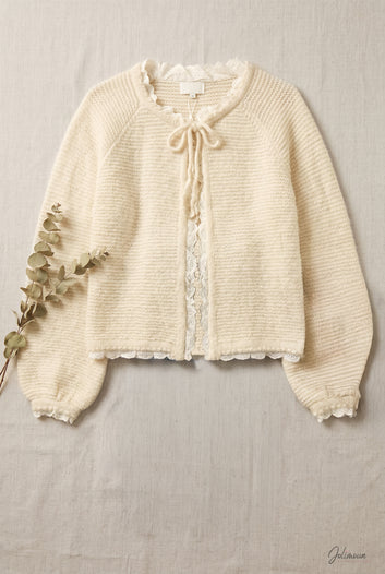 Maéline – Gilet maille crème  à nouer coupe cocooning