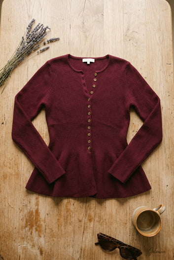 Malory - Gilet péplum manches longues bordeaux
