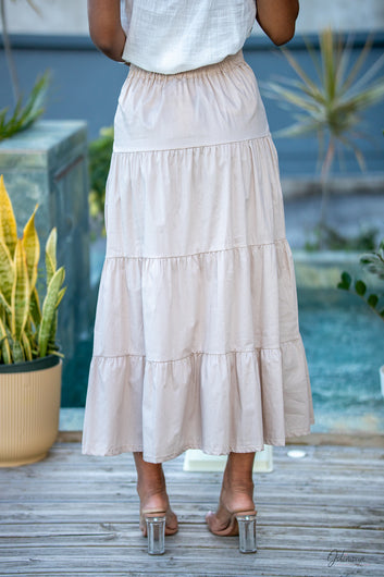 Maëlys - Jupe longue beige évasée taille élastiquée fluide