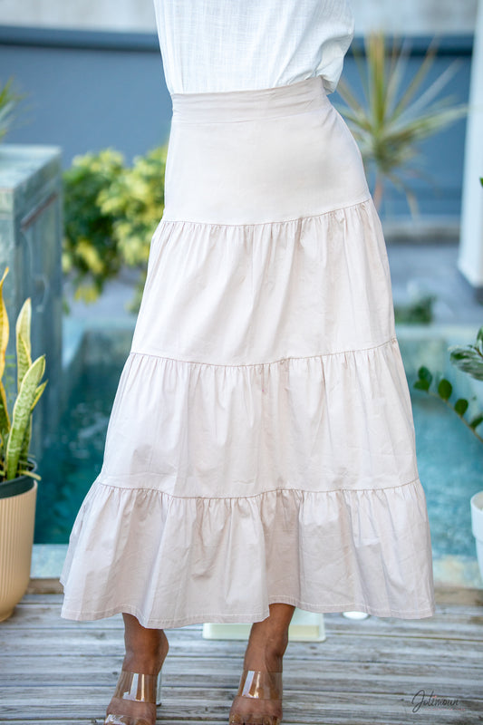 Maëlys - Jupe longue beige évasée taille élastiquée fluide