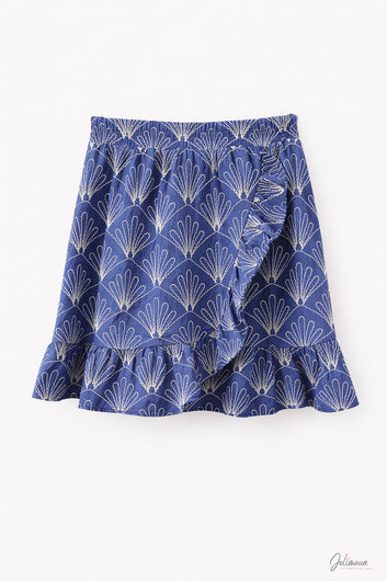 Nino - Jupe short bleue volantée imprimé éventail
