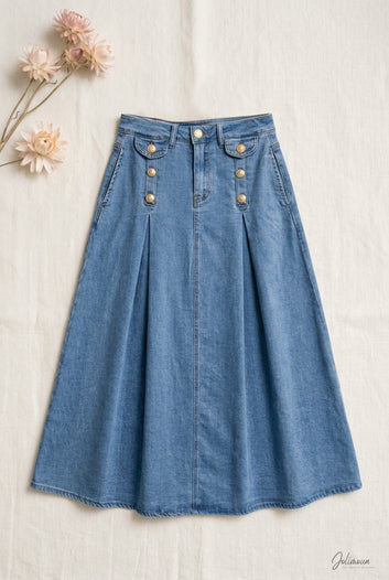 Lorine - Jupe longue en denim fluide à boutons dorés