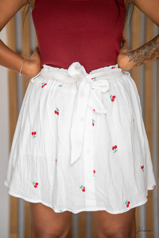 Cerise -  Jupe courte blanche avec motif cerise