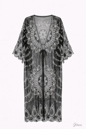 Nadila – Kimono long brodé voile transparent noir