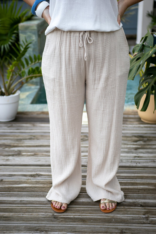Myriam – Pantalon large en gaze de coton beige