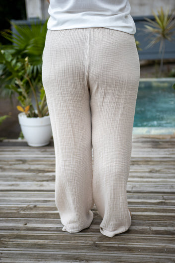 Myriam – Pantalon large en gaze de coton beige