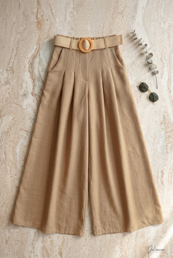 Soléane – Pantalon palazzo camel ceinture boucle tressée