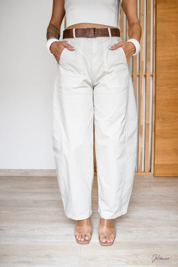 Barrel – Pantalon beige clair 100 % coton coupe ample ceinture incluse